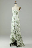 Green Asymmetrical Strapless Print High Low Bridesmaid Dress