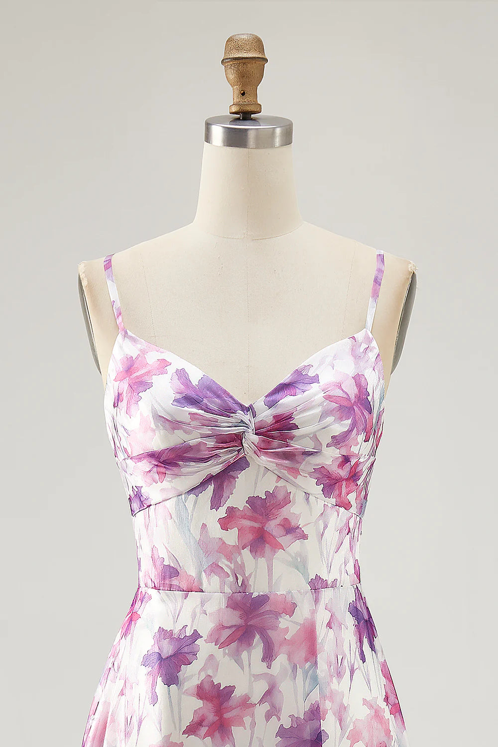 Purple Flower A Line Spaghetti Straps Front Knot Print Maxi Dress with Slit