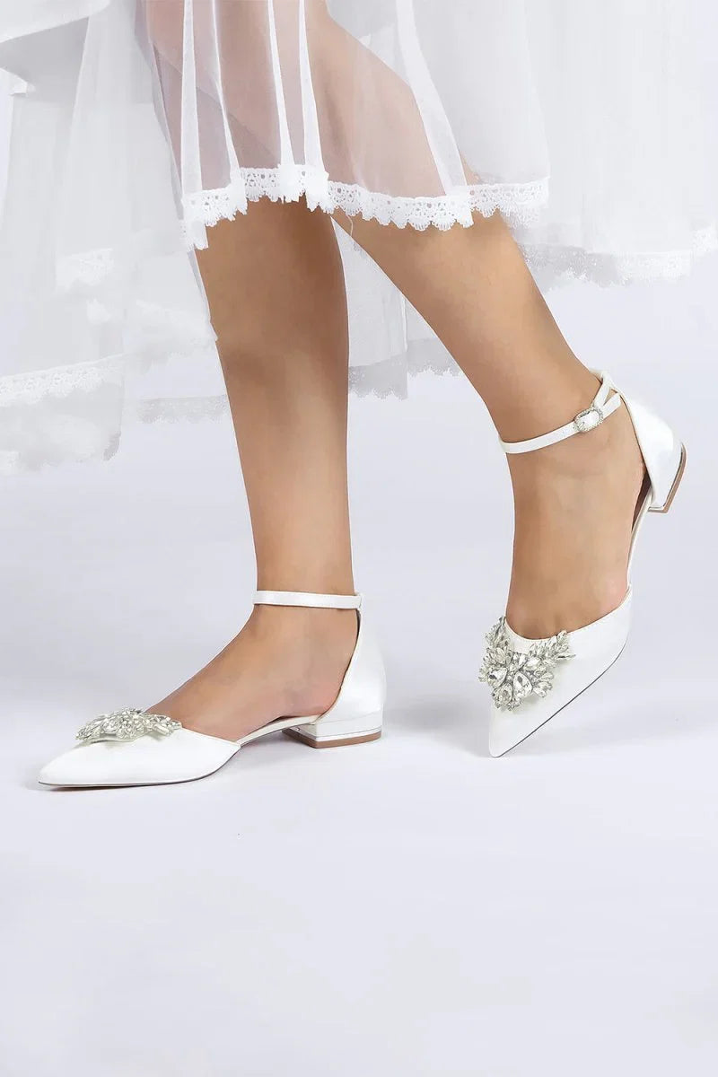 Rhinestone Pointed Toe Ankle Strap Kitten Heels