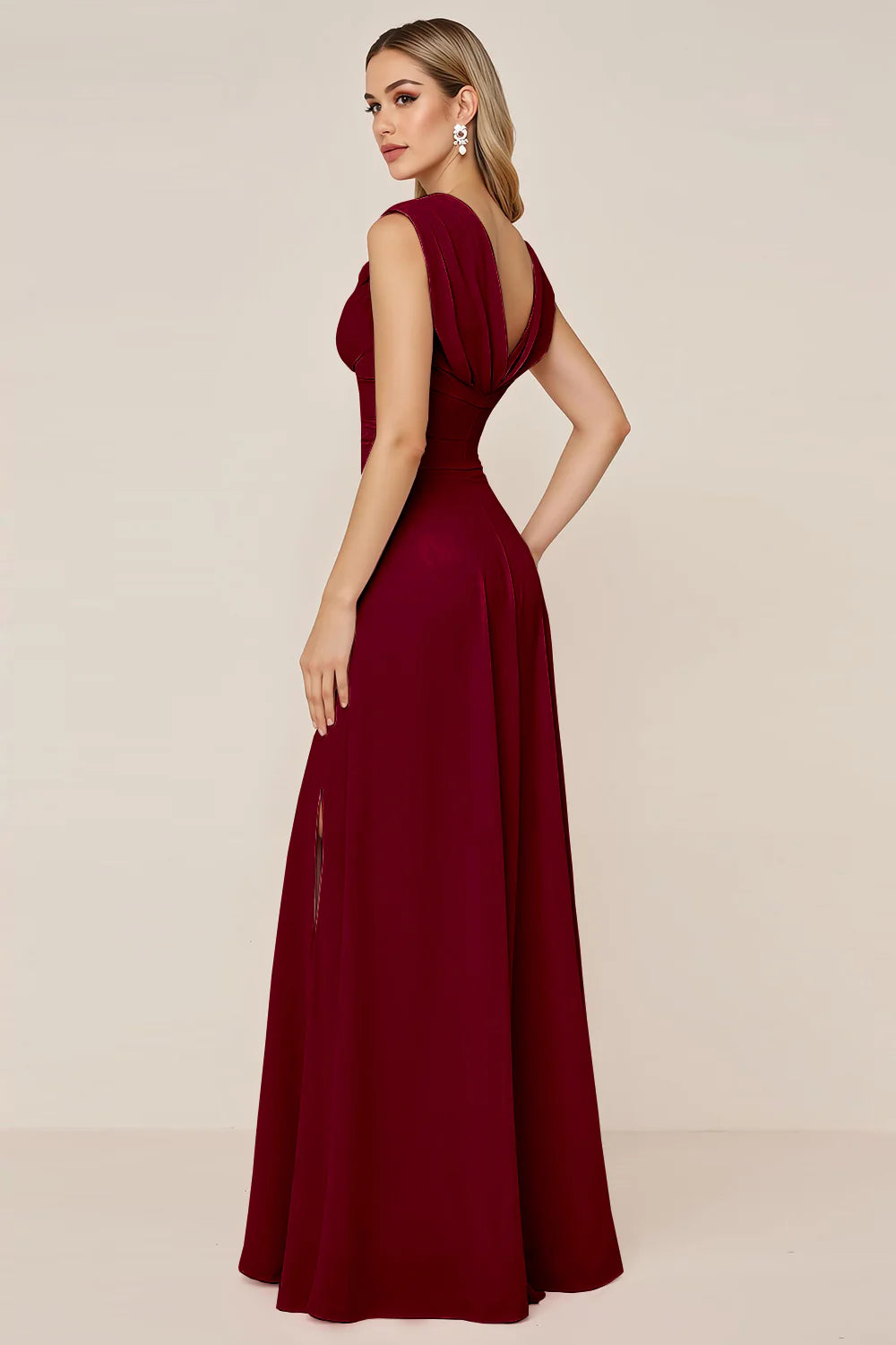 Burgundy A Line Cowl Neck Long Bridesmaid Dress with Slit