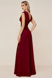 Burgundy A Line Cowl Neck Long Bridesmaid Dress with Slit