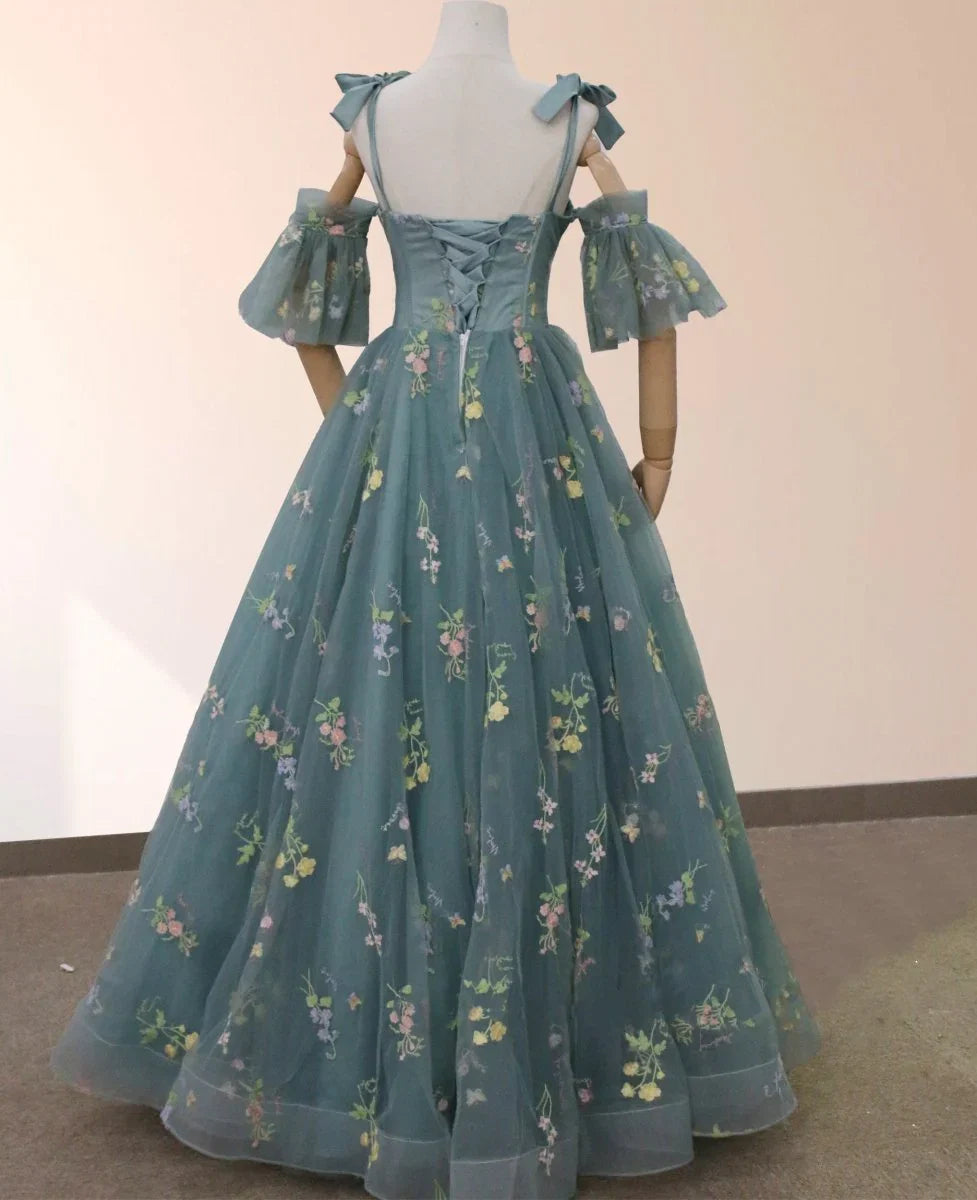Boho A Line Tulle Off the Shoulder Floor Length 3D Yellow Embroidery Floral Quinceanera Dress with Petticoat