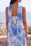 Strapless Blue Flower Wedding Guest Dress with Scarf