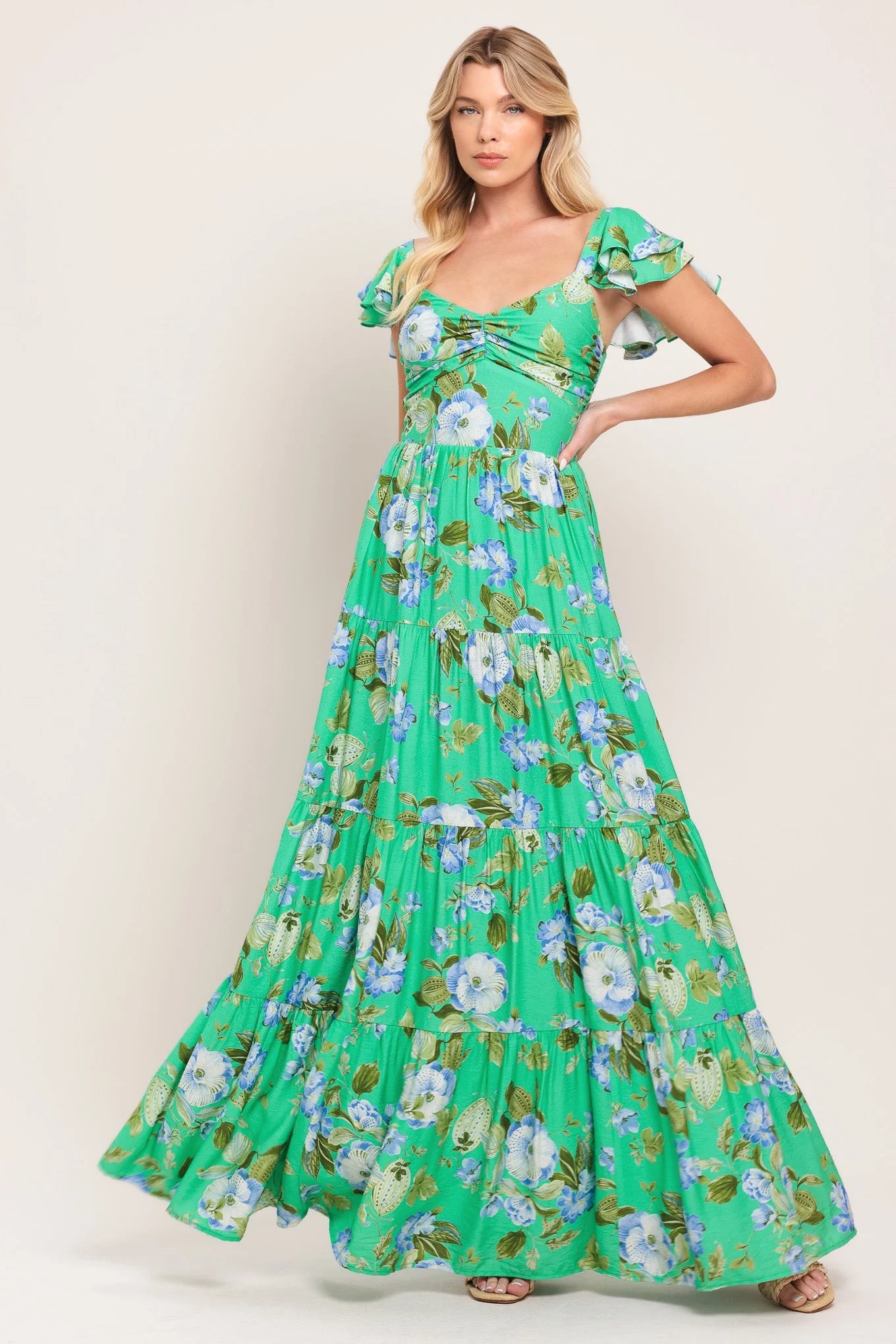 FRESH BLOSSOM GREEN FLORAL MAXI DRESS