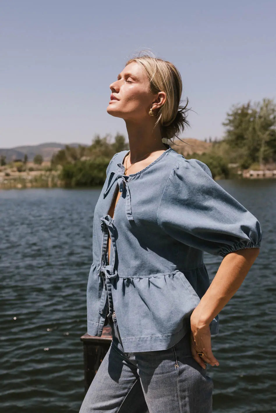 Natalia Peplum Tie Blouse in Light Wash FINAL SALE