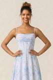 Blue Floral Corset A Line Printed Chiffon Long Bridesmaid Dress