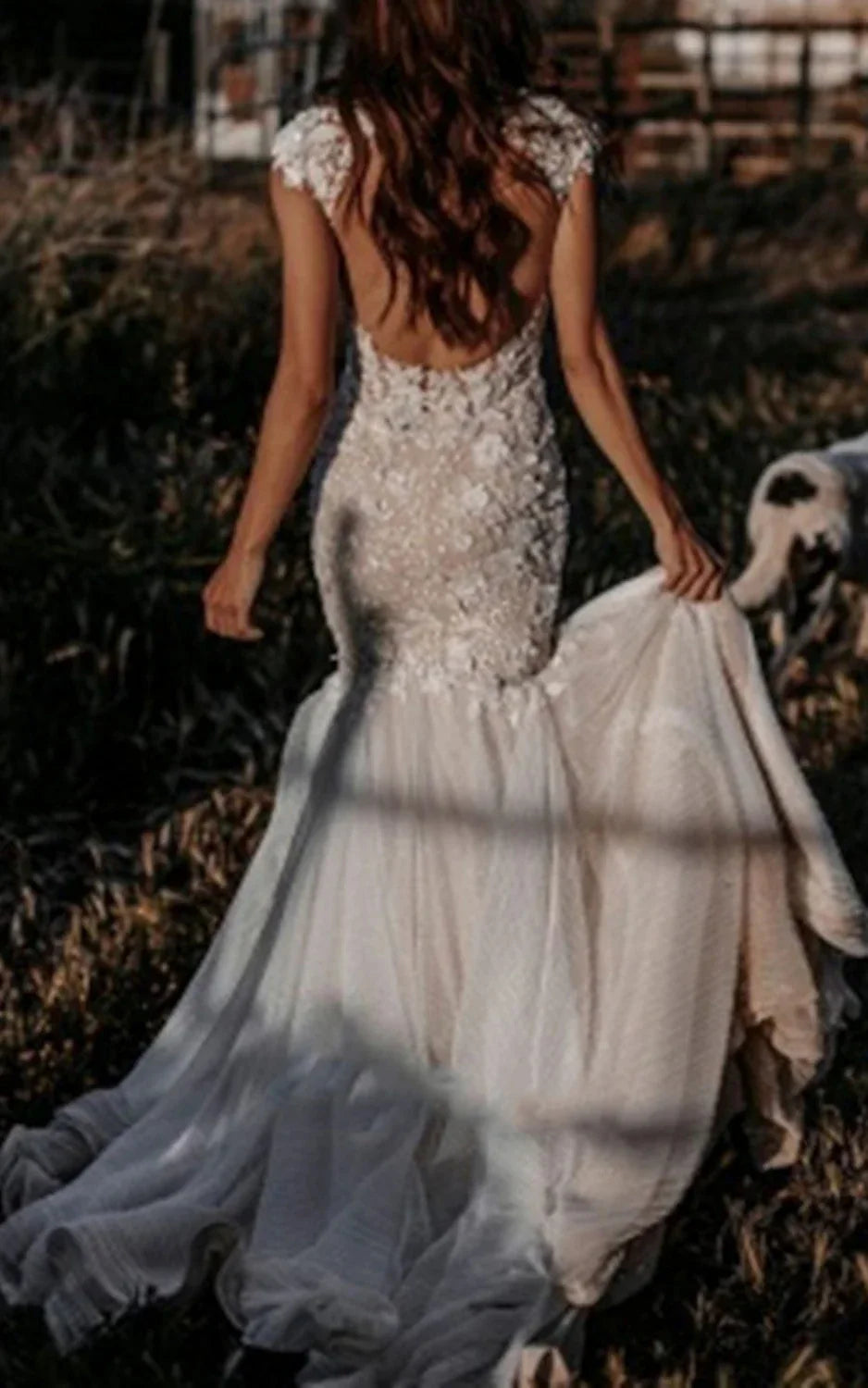 Boho Mermaid Wedding Dress Floral V neck Casual Gown with Open Back and Lace Appliques
