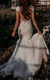 Boho Mermaid Wedding Dress Floral V neck Casual Gown with Open Back and Lace Appliques
