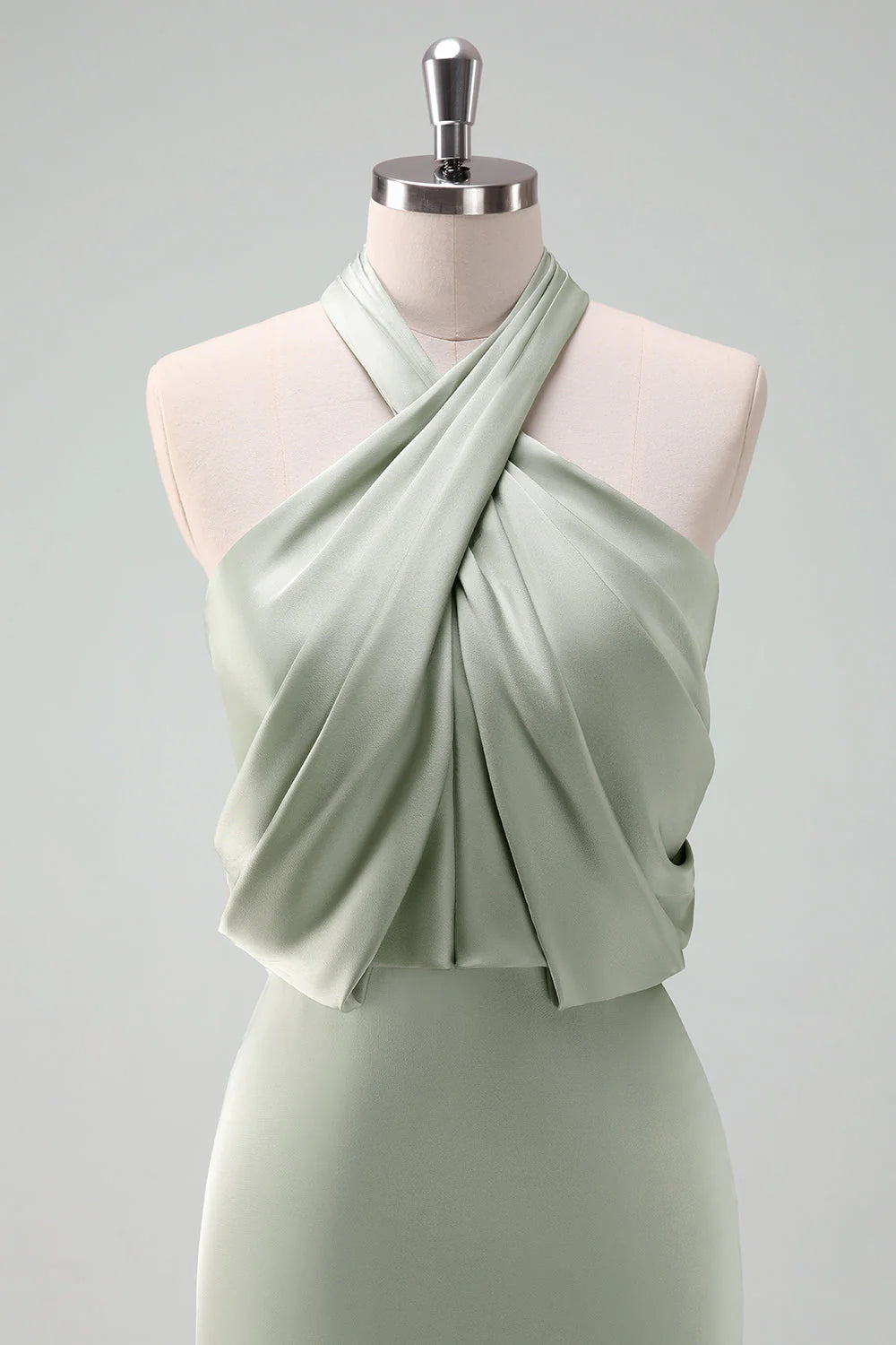 Dusty Sage Sheath Halter Ruched Satin Long Bridesmaid Dress