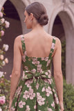 Green Printed Flower A Line Square Neck Wedding Guest Dress with Bow