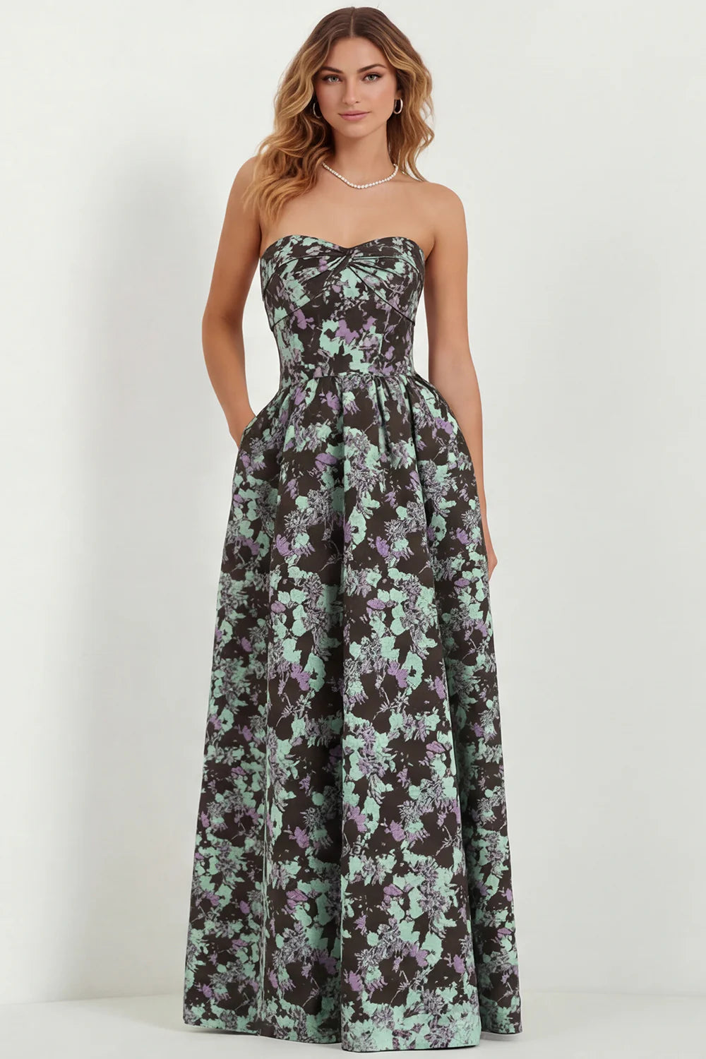 Light Blue Floral Sweetheart A Line Printed Maxi Dress with Pockets