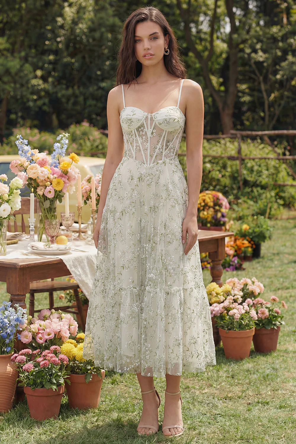 Light Green Floral Corset A Line Midi Wedding Guest Dress
