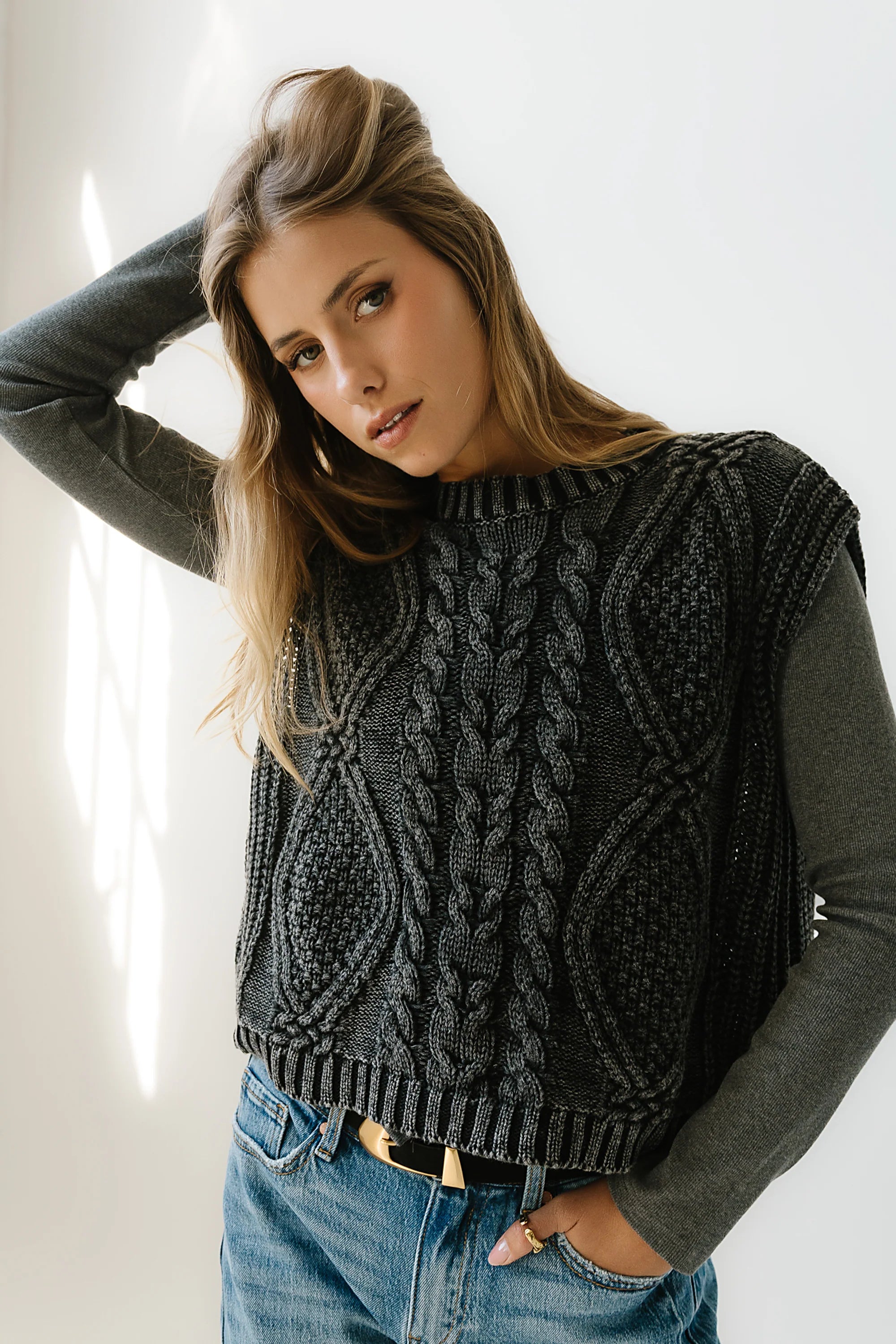 Rebecca Cable Knit Vest in Charcoal FINAL SALE