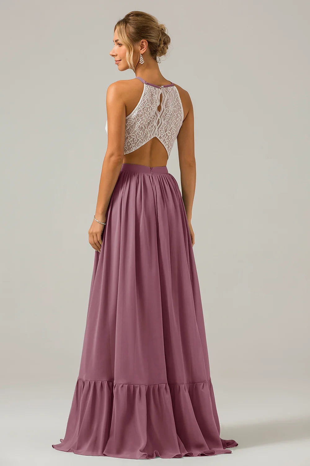 A Line Halter Pleated Keyhole Chiffon Bridesmaid Dress With Lace