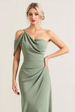 Sheath One Shoulder Olive Ruched Long Bridesmaid Dress