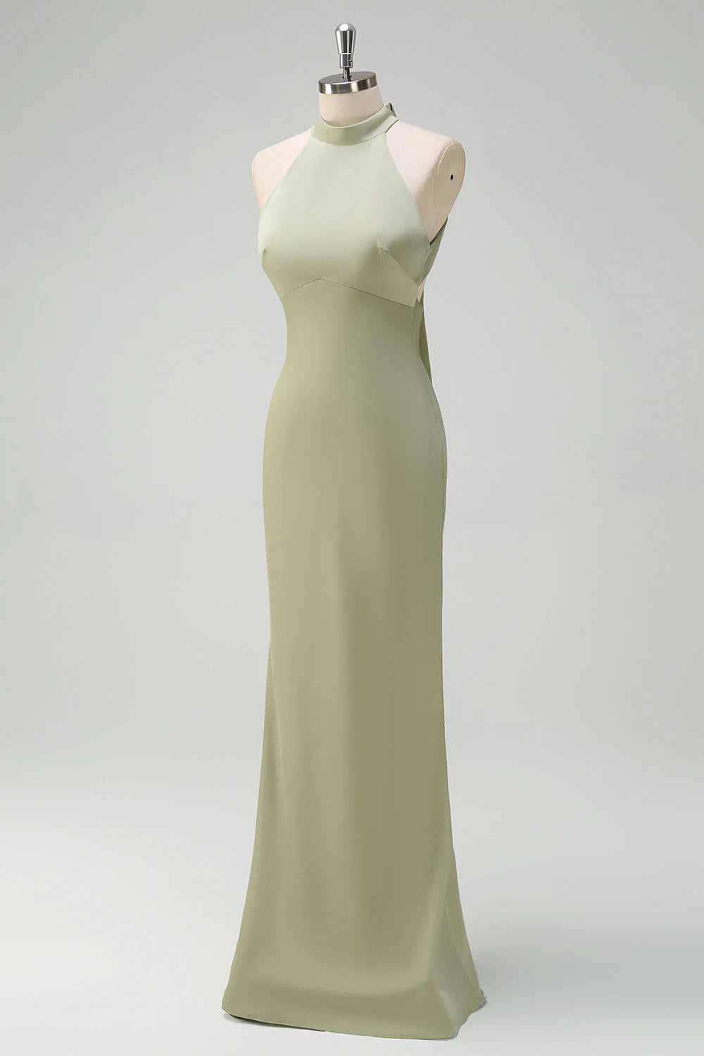 Elegant Sage Mermaid High Neck Satin Open Back Floor Length Bridesmaid Dress