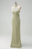 Elegant Sage Mermaid High Neck Satin Open Back Floor Length Bridesmaid Dress