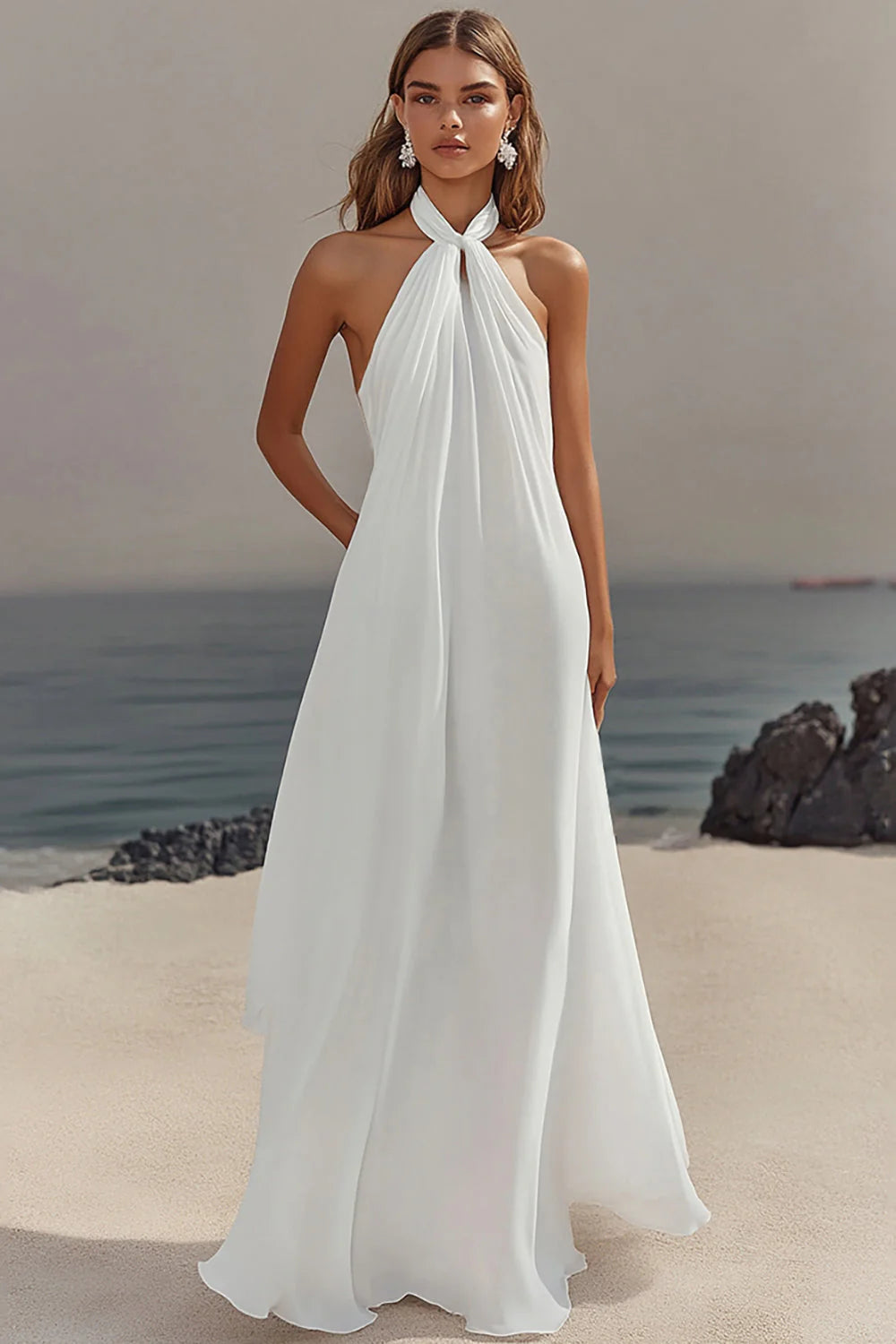Simple White A Line Halter Long Engagement Dress