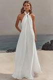 Simple White A Line Halter Long Engagement Dress
