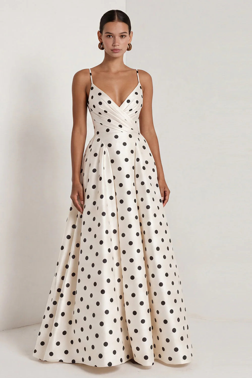 Black White Polka Dot Ruched A Line Long Formal Dress