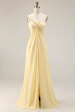 Lemon Sorbet A Line Chiffon Convertible Long Bridesmaid Dress with Slit