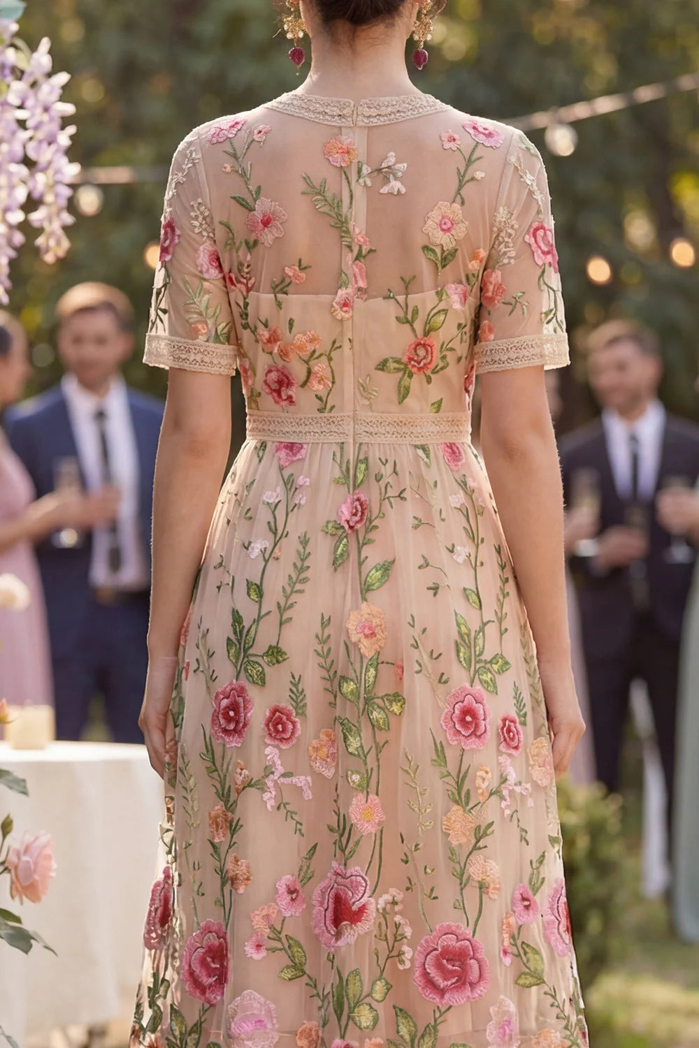 Floral Blush A Line V Neck Midi Wedding Guest Dress with Short Sleeves