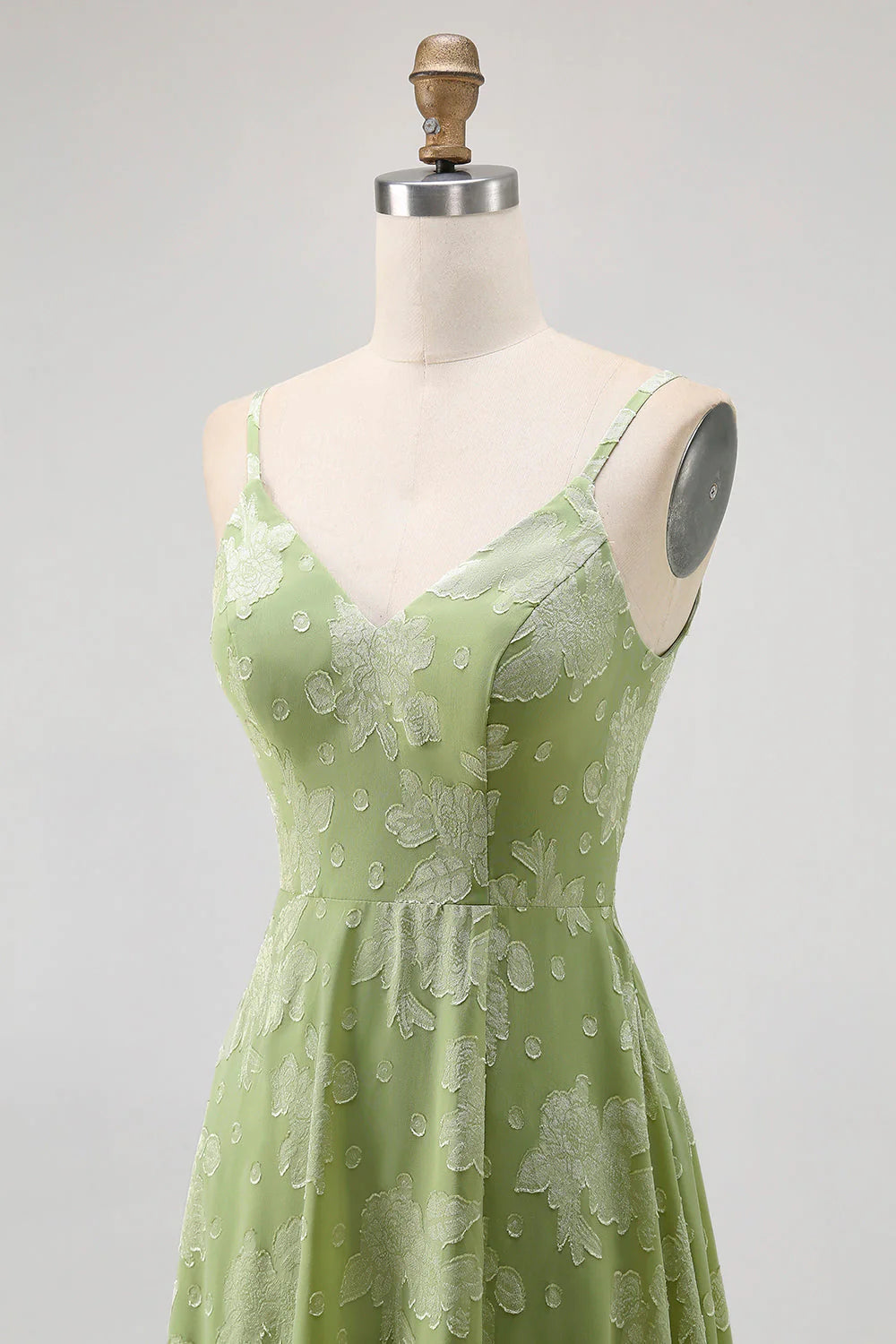 Sage Green Floral A Line Jacquard Spaghetti Strap Maxi Dress with Slit