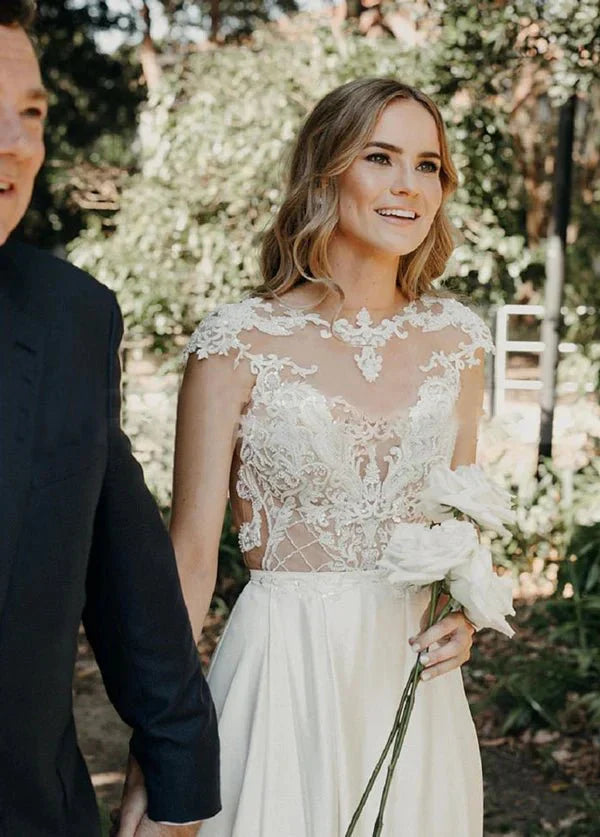 A Line Cap Sleeve Long Backless Wedding Dresses with Appliques
