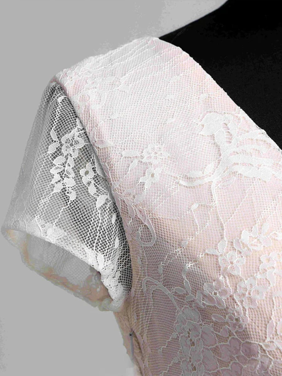 Short Sleeve V neck Pleated Long Lace Wedding Dress
