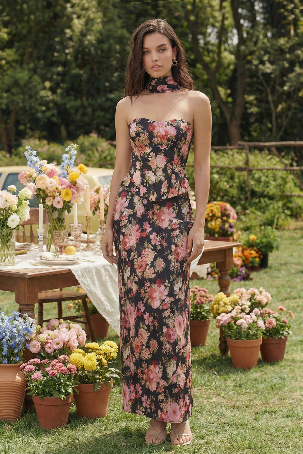 Strapless Corset 2 Piece Pink Floral Wedding Guest Dress with Streamer