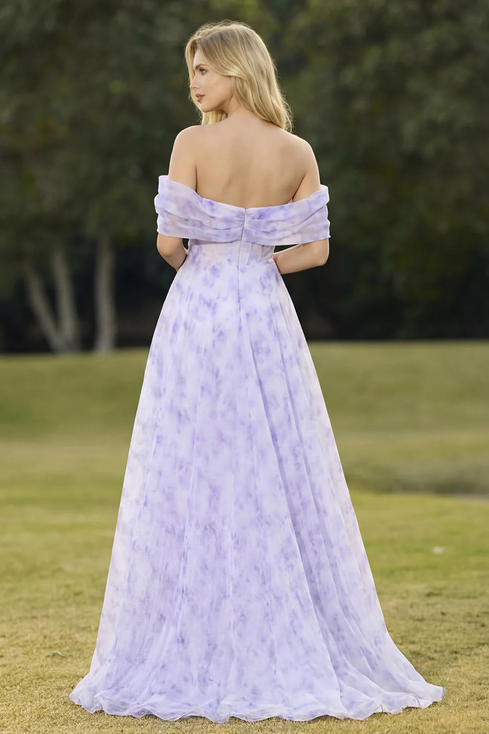 Lilac Off The Shoulder A Line Corset Print Floral Long Prom Dress with Slit