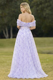 Lilac Off The Shoulder A Line Corset Print Floral Long Prom Dress with Slit