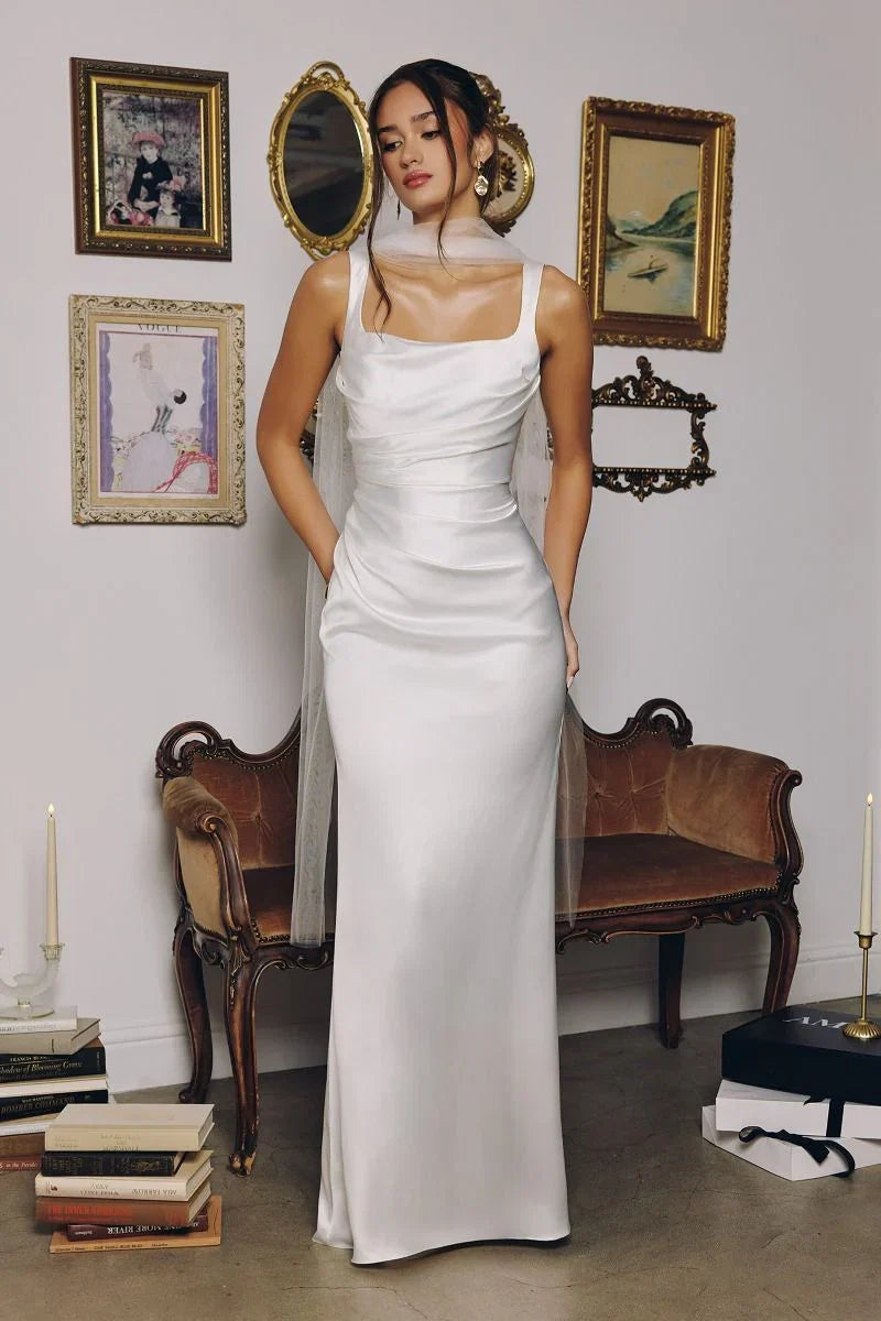 Toby Maxi Off White Satin Dress with Lace Up Back Scarf