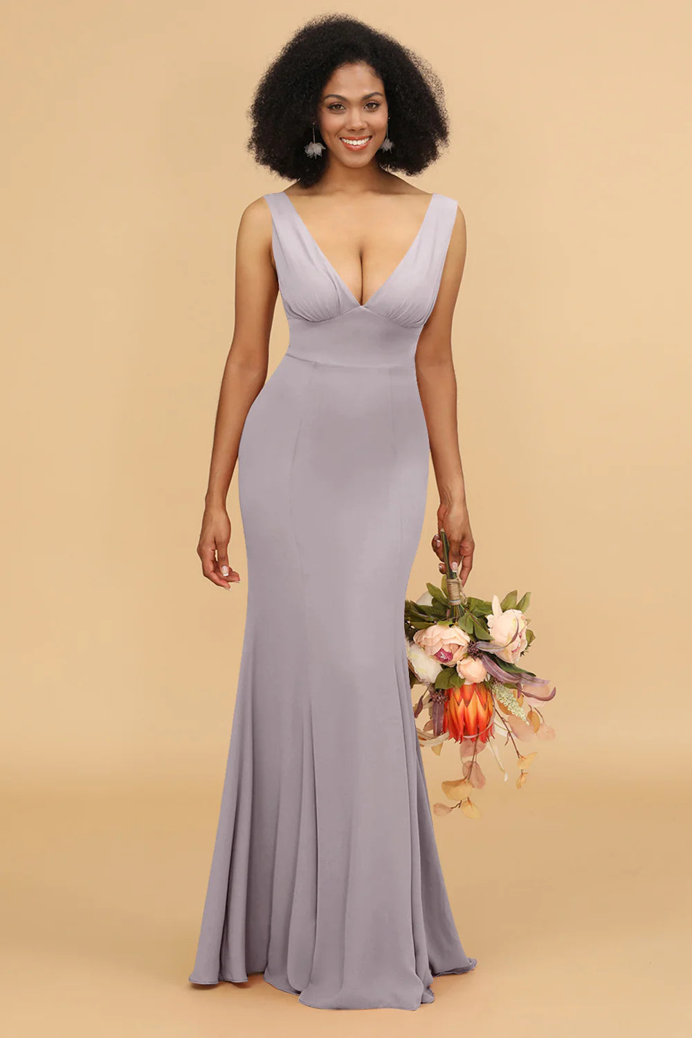 Mermaid V neck Open Back Long Chiffon Bridesmaid Dress With Ruffles