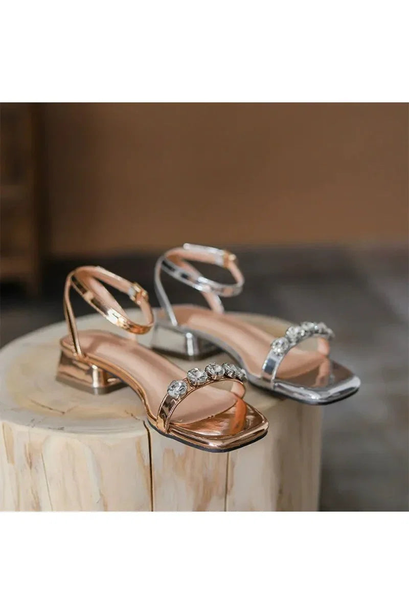Square Open Toe Low Heel Ankle Strap Party Shoes With Rhinestone
