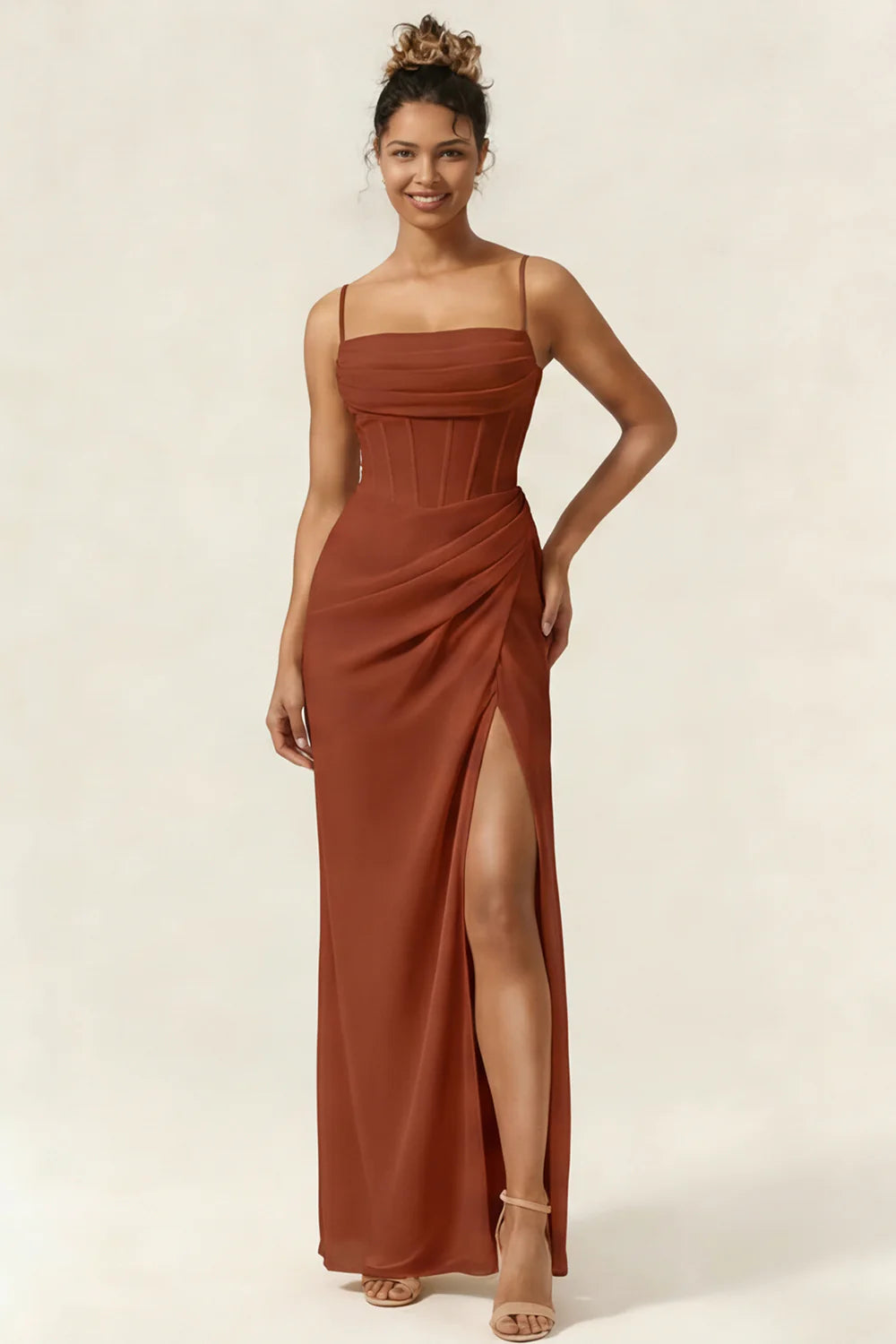 Green Flower Mermaid Corset Chiffon Long Bridesmaid Dress with Slit
