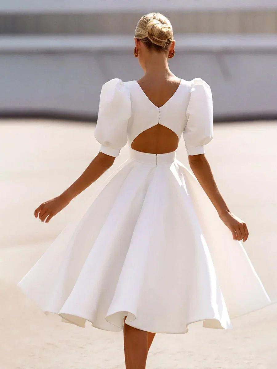 Elegant Bateau A Line Satin Knee length Wedding Dress