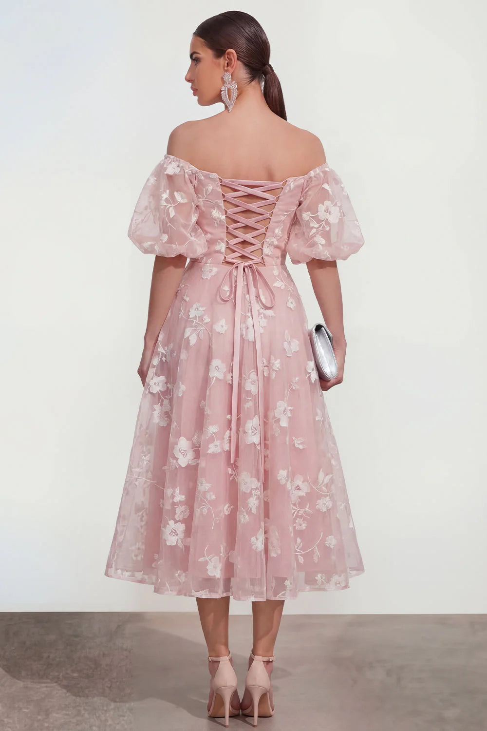 Off the Shoulder Floral Lilac Ruched A Line Wedding Guest Dress