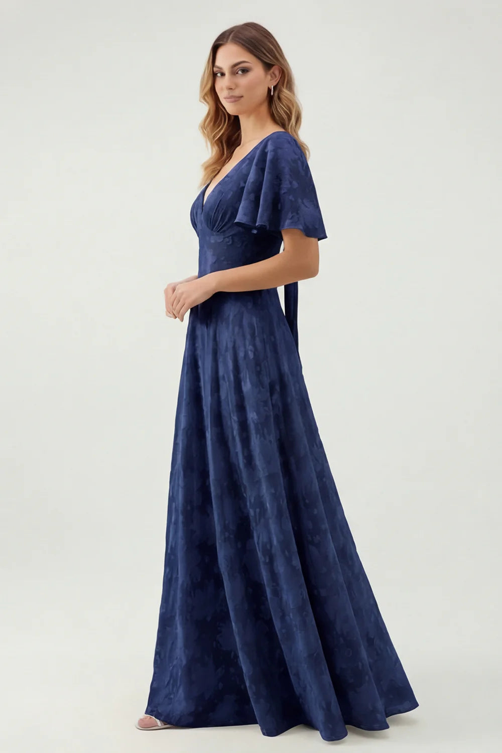 A Line Sage Green Floral Jacquard Flutter Sleeves Maxi Dress with Bow Back