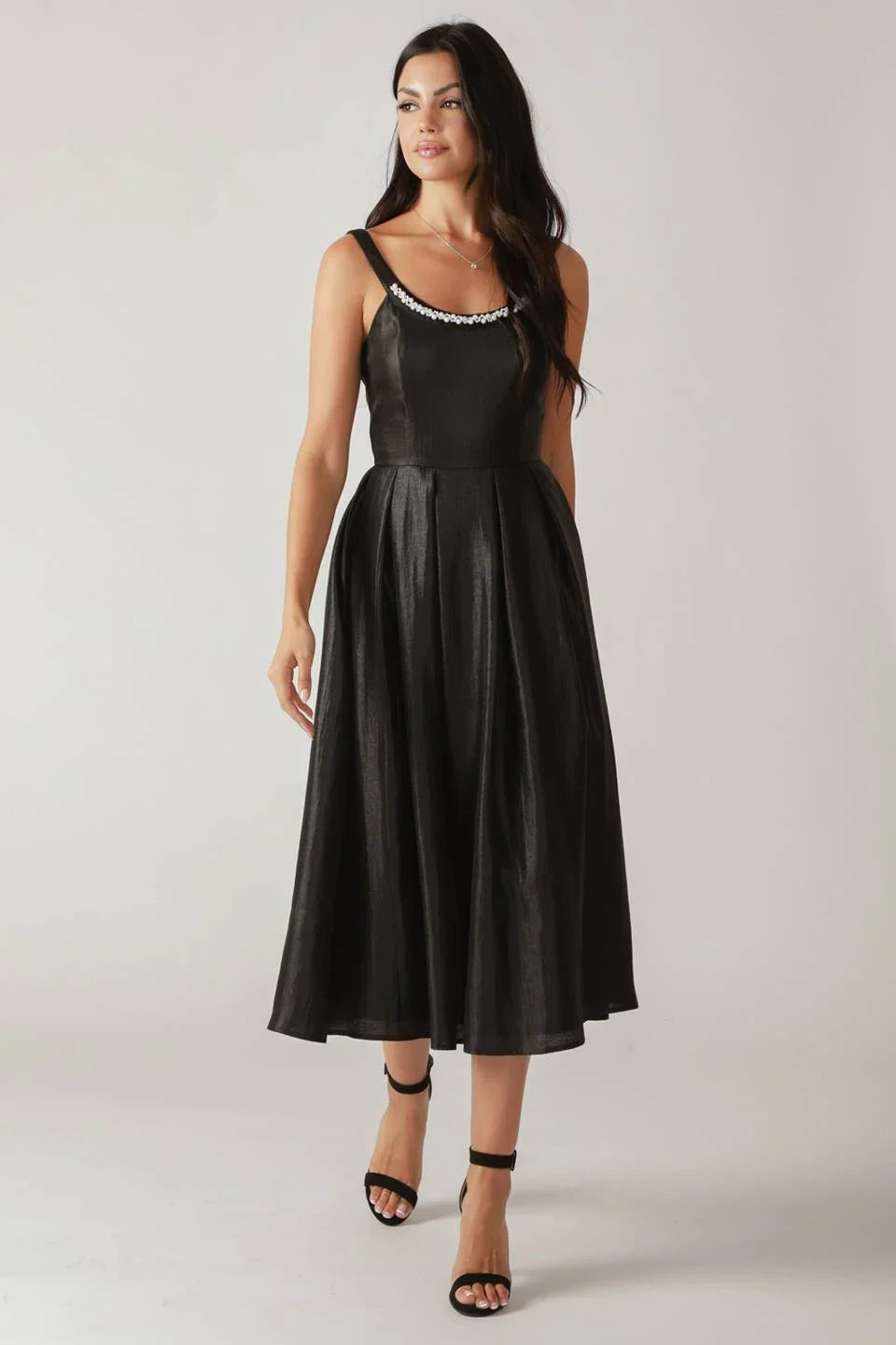 PEARL TRIM BLACK SATIN MIDI DRESS FINAL SALE