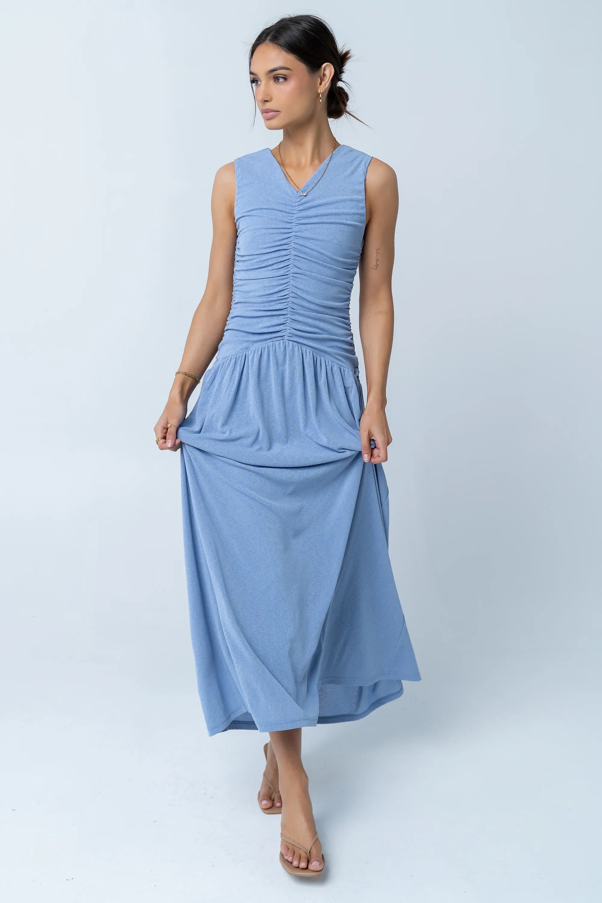 Kandi Ruched Maxi Dress in Blue