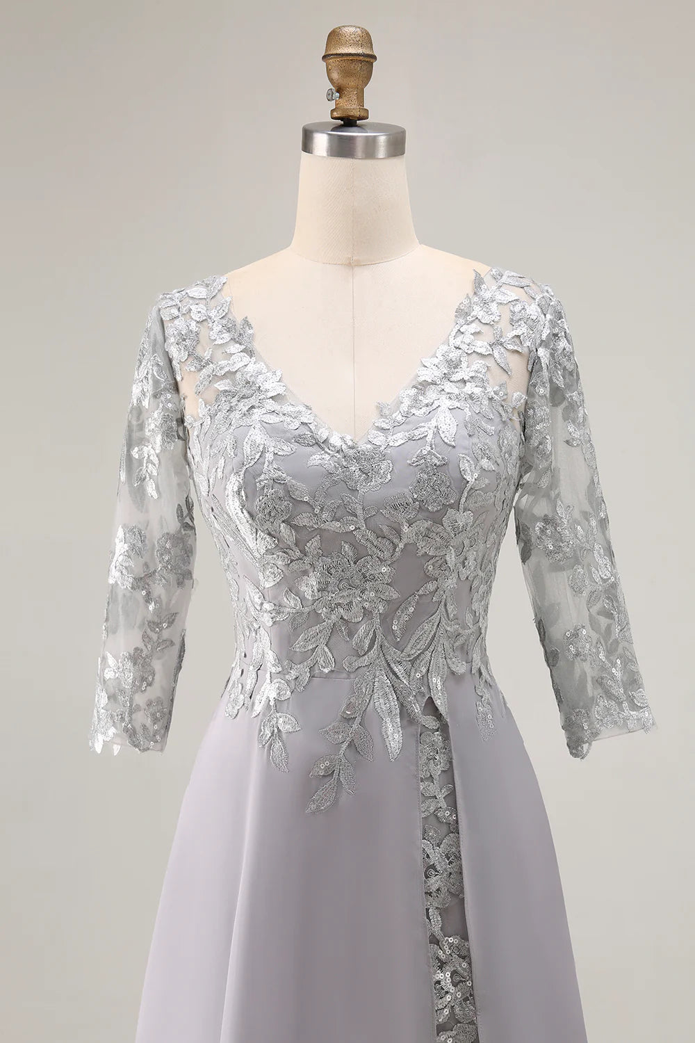 Silver Appliqued A Line V Neck Long Mother Of The Bride Dress with Lace Up Back