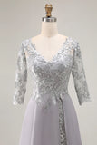 Silver Appliqued A Line V Neck Long Mother Of The Bride Dress with Lace Up Back