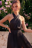 Black Halter Pleated A Line Wedding Guest Dress with Slit
