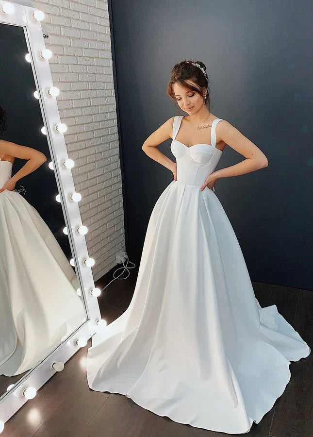 A line Off the Shoulder Sleeveless Satin Simple Bride Wedding Dress