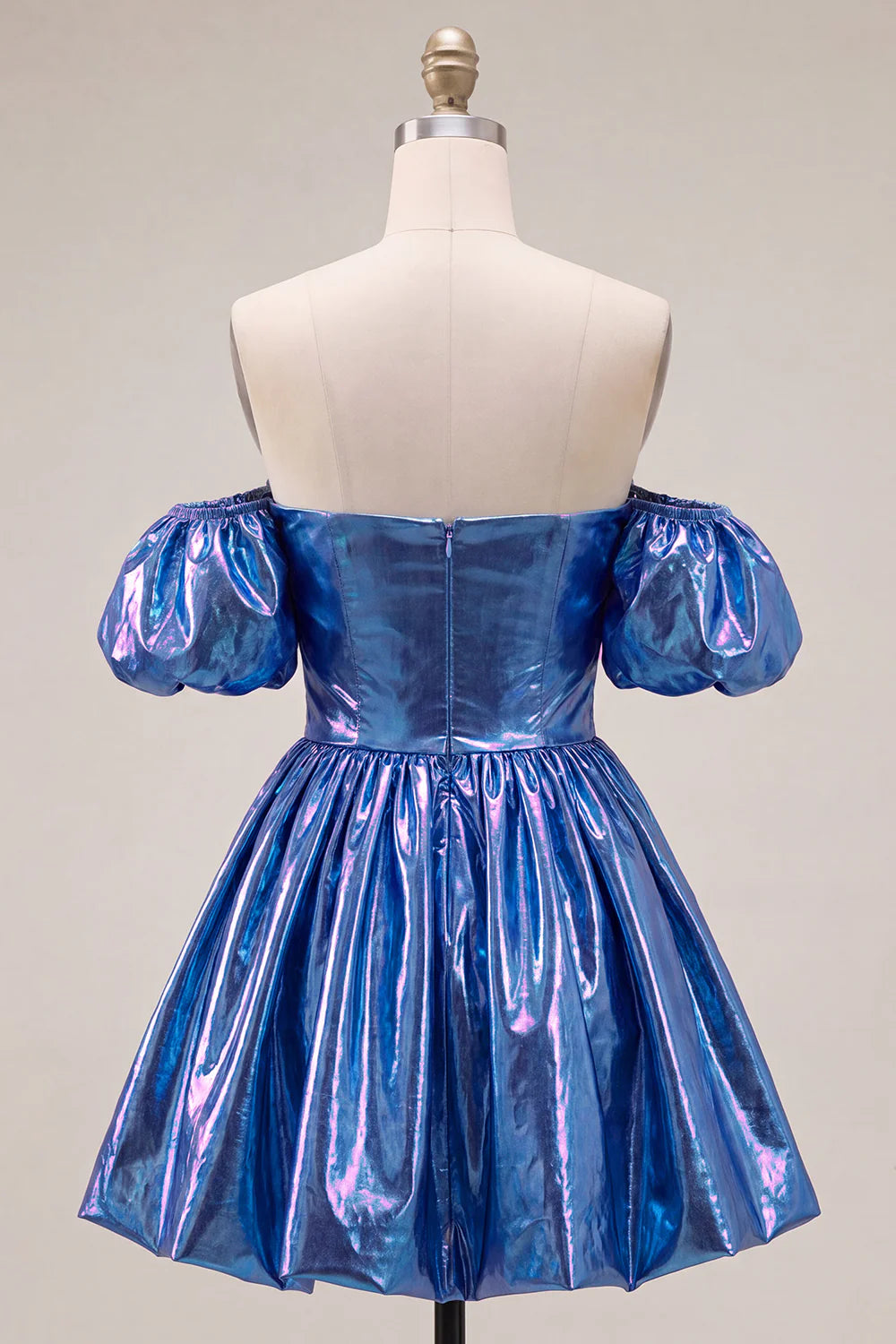 Fuchsia Metallic Off the Shoulder A Line Homecoming Dress with Puff Sleeves