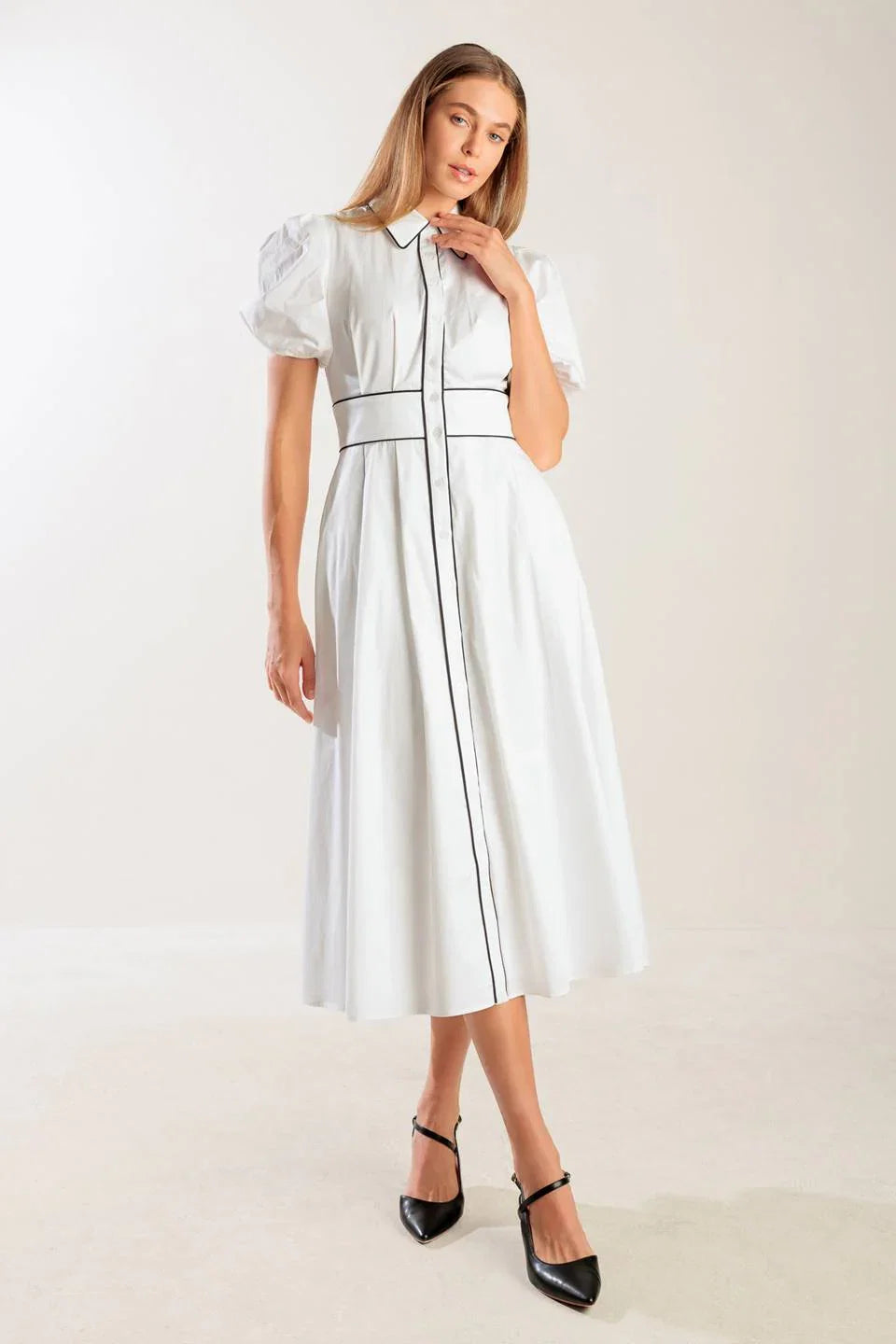 VINTAGE VIBES PUFF SLEEVE MIDI DRESS WHITE
