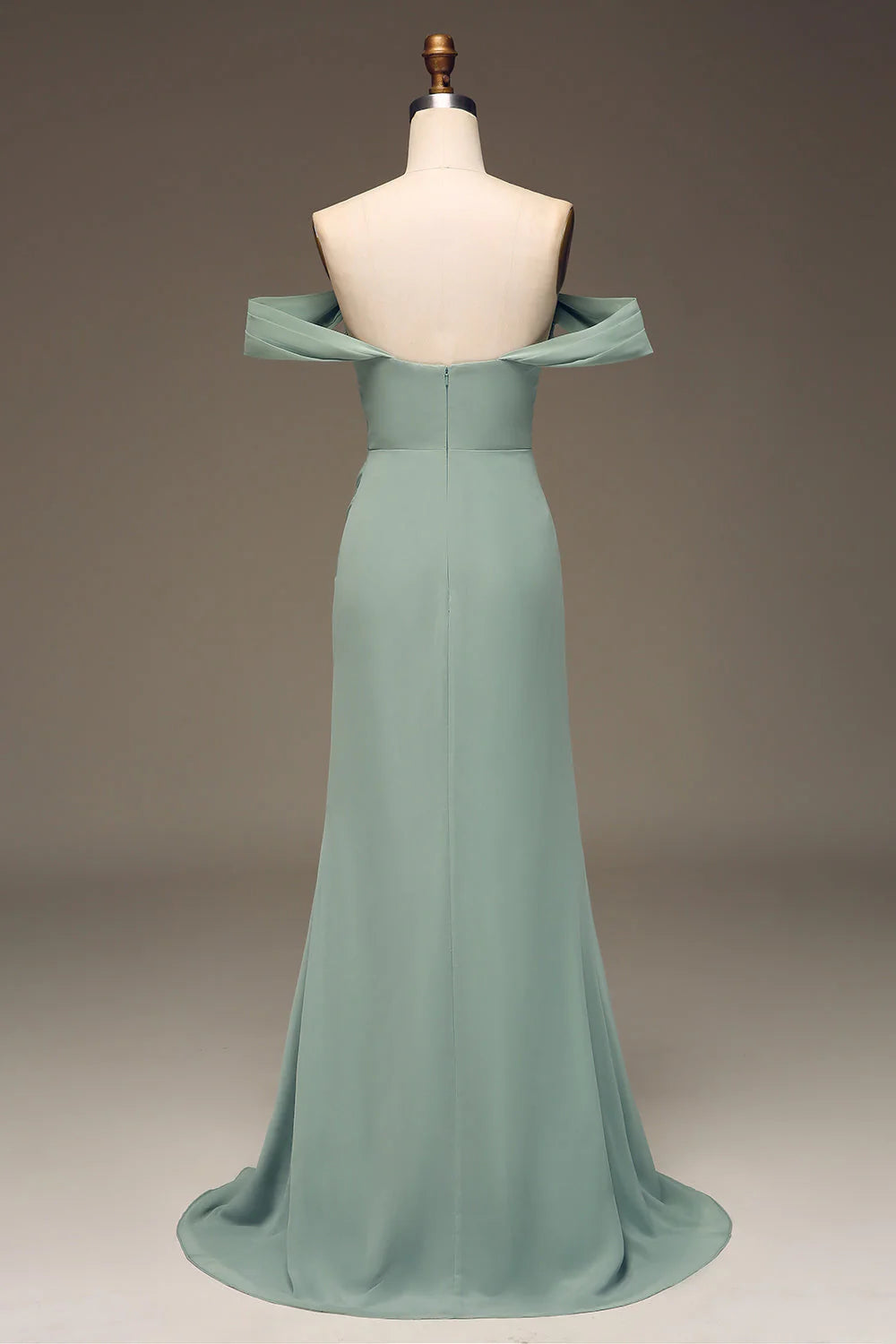 Dusty Sage Sheath Off the Shoulder Pleated Long Chiffon Bridesmaid Dress With Slit