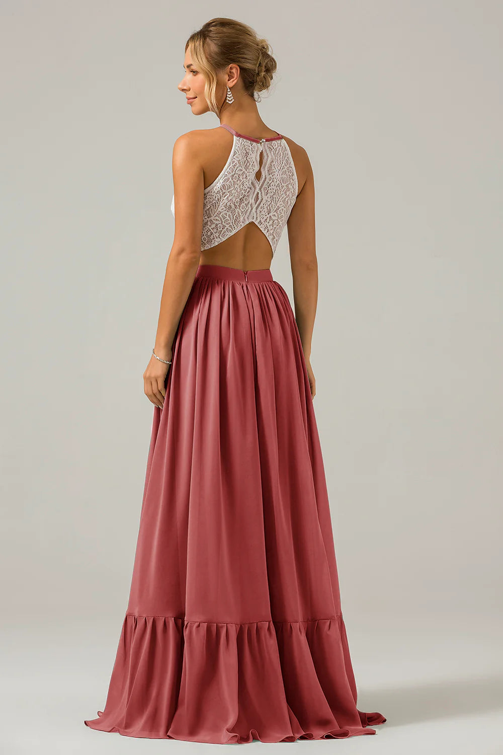 A Line Halter Pleated Keyhole Chiffon Bridesmaid Dress With Lace