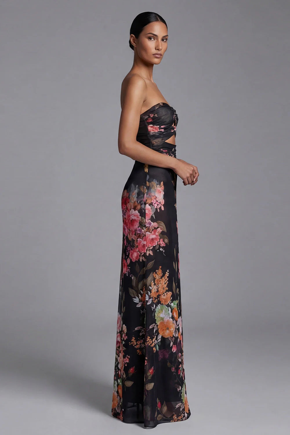 Strapless Mermaid Ruched Black Cut Out Floral Formal Dress